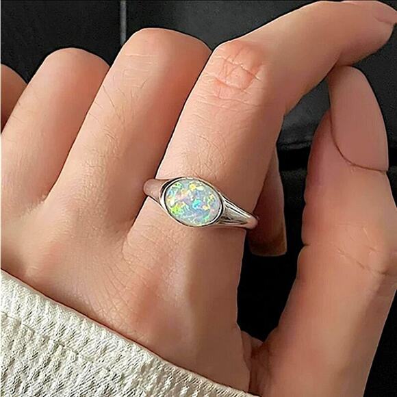 Sterling Silver Shell Opal Ring Set, Minimalist - Picture 3 of 6